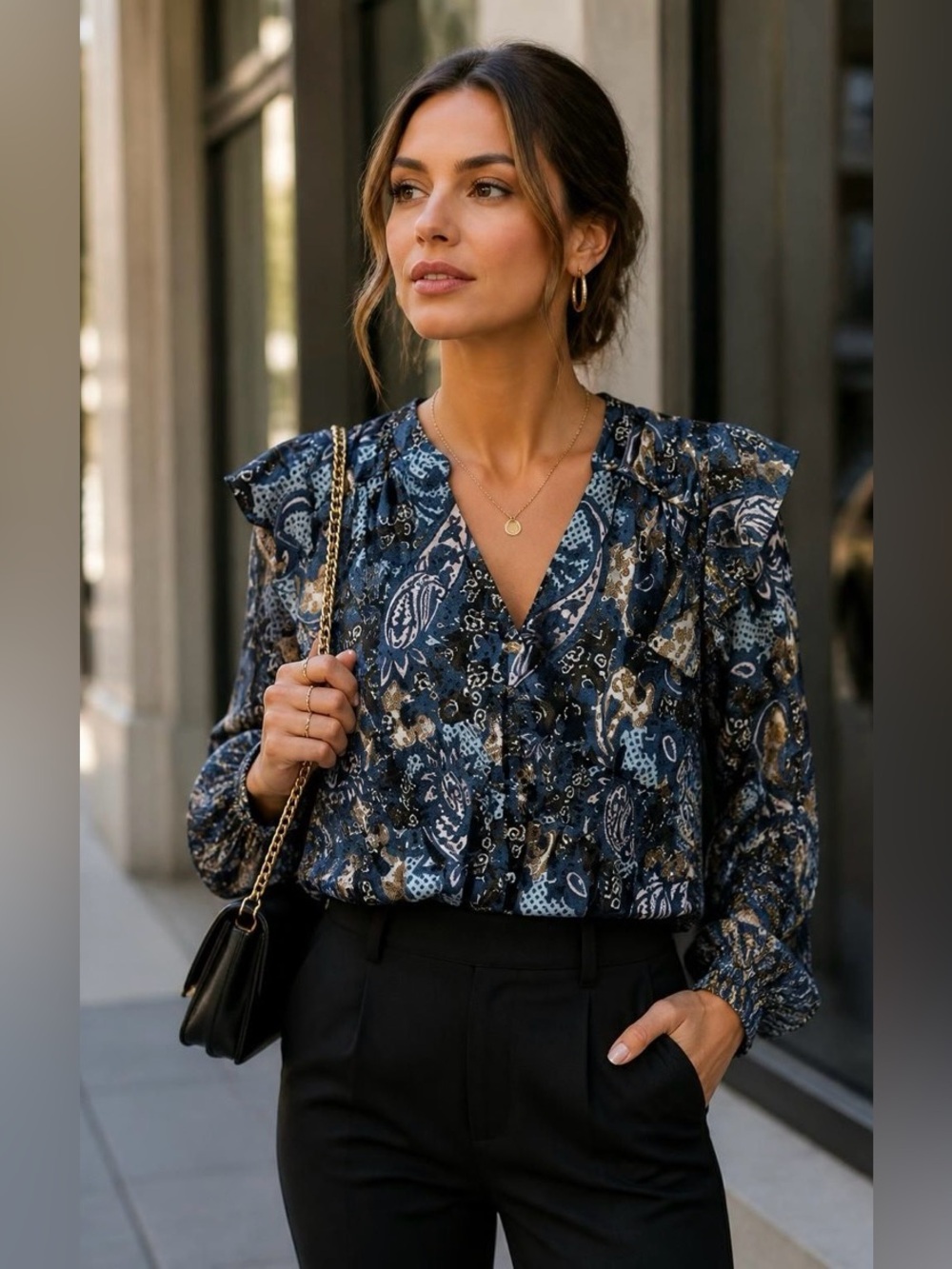 Walter Baker Navy Multi Paisley Ruffle V-Neck Blouse L